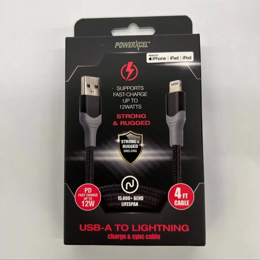 4ft LIGHTNING To USB-A PowerXcel Strong & Rugged Fast Charging Data sync cable